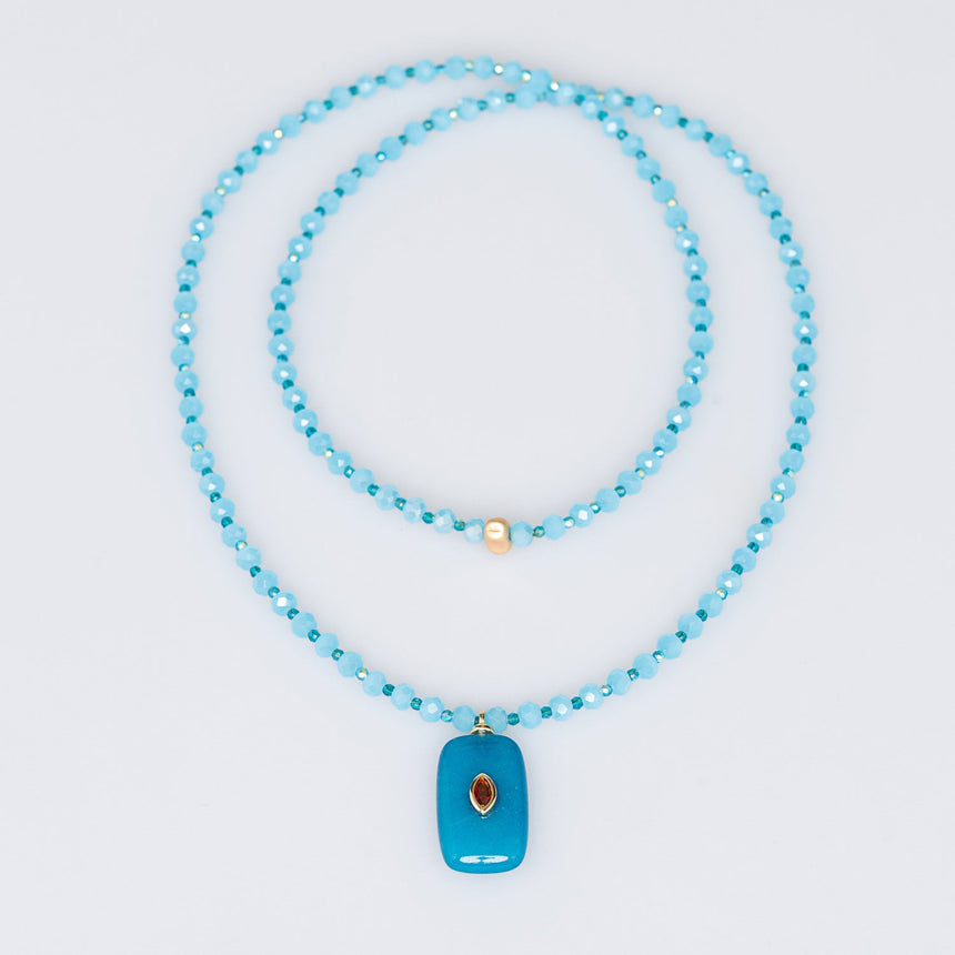 Blue Beaded Stone Pendant Long  Necklace