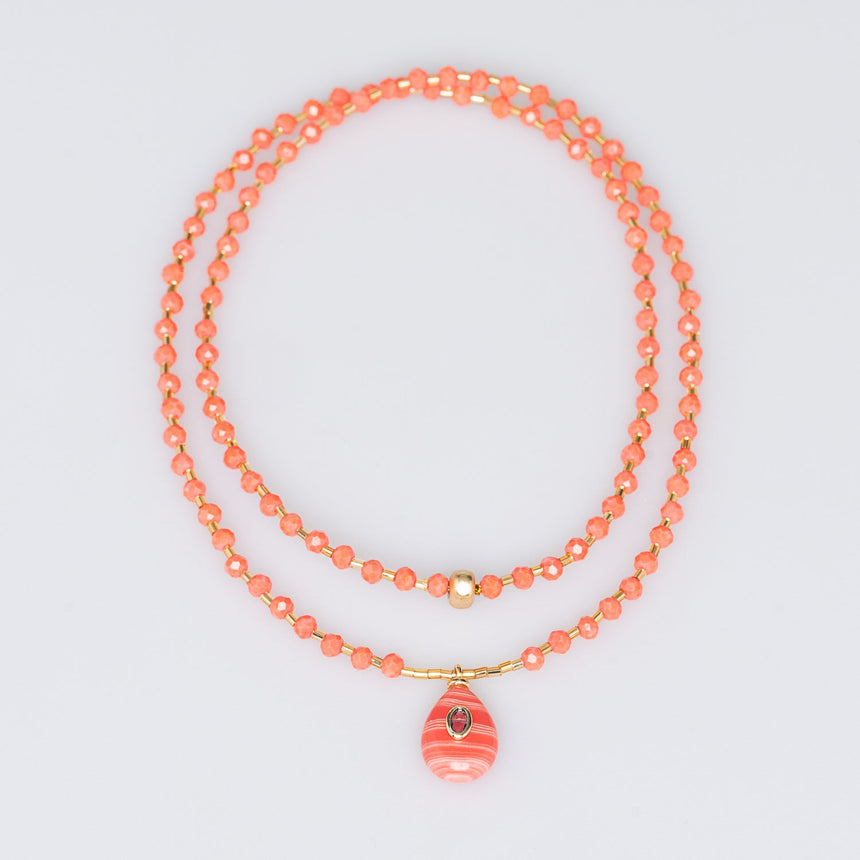 Orange Stone Pendant Beaded Long Necklace