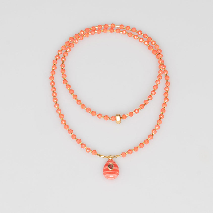Orange Stone Pendant Beaded Long Necklace