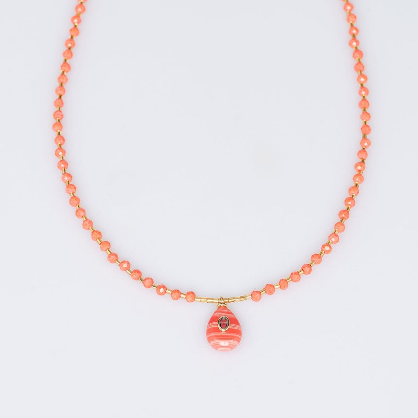 Orange Stone Pendant Beaded Long Necklace