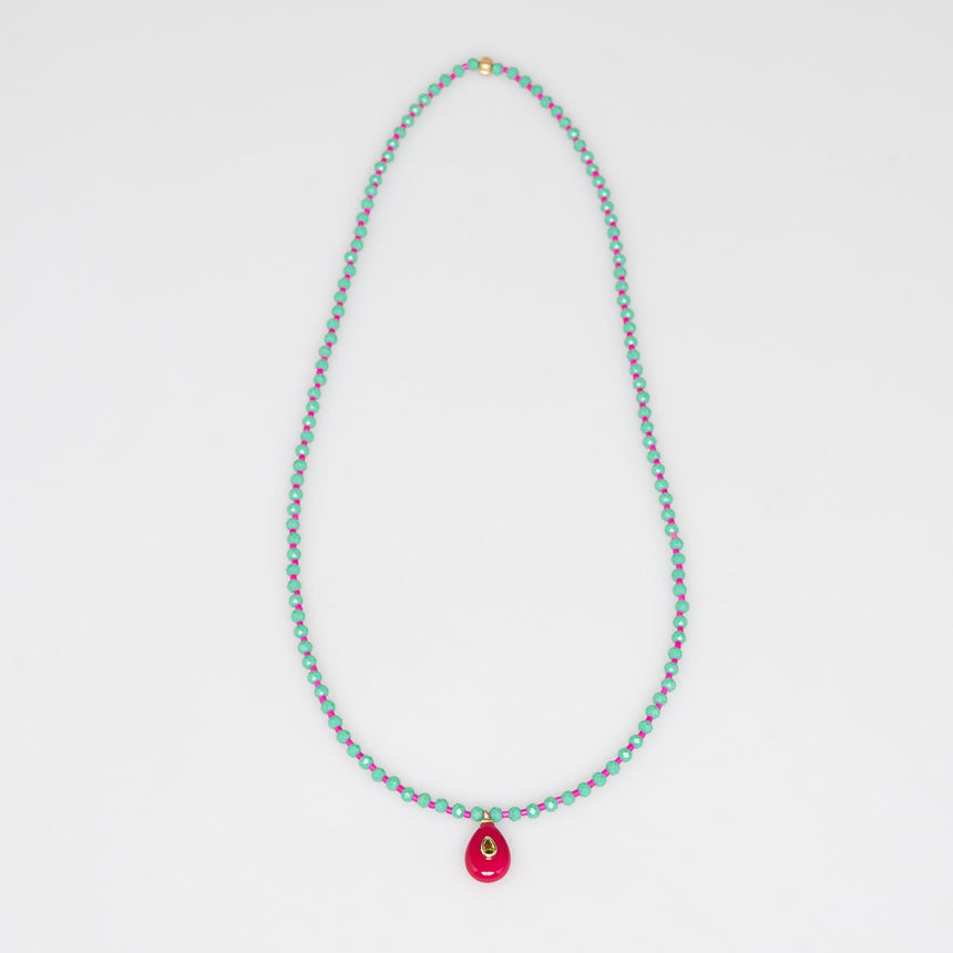 Pink and Green Stone Pendant Long Necklace