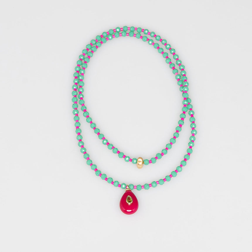Pink and Green Stone Pendant Long Necklace