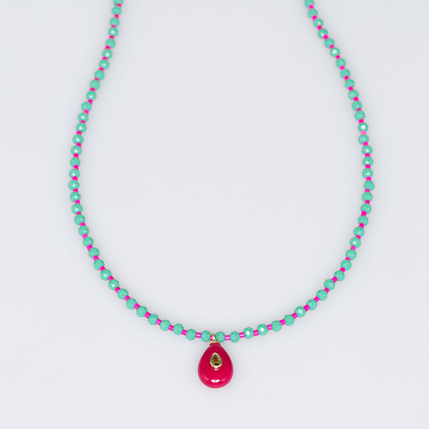 Pink and Green Stone Pendant Long Necklace
