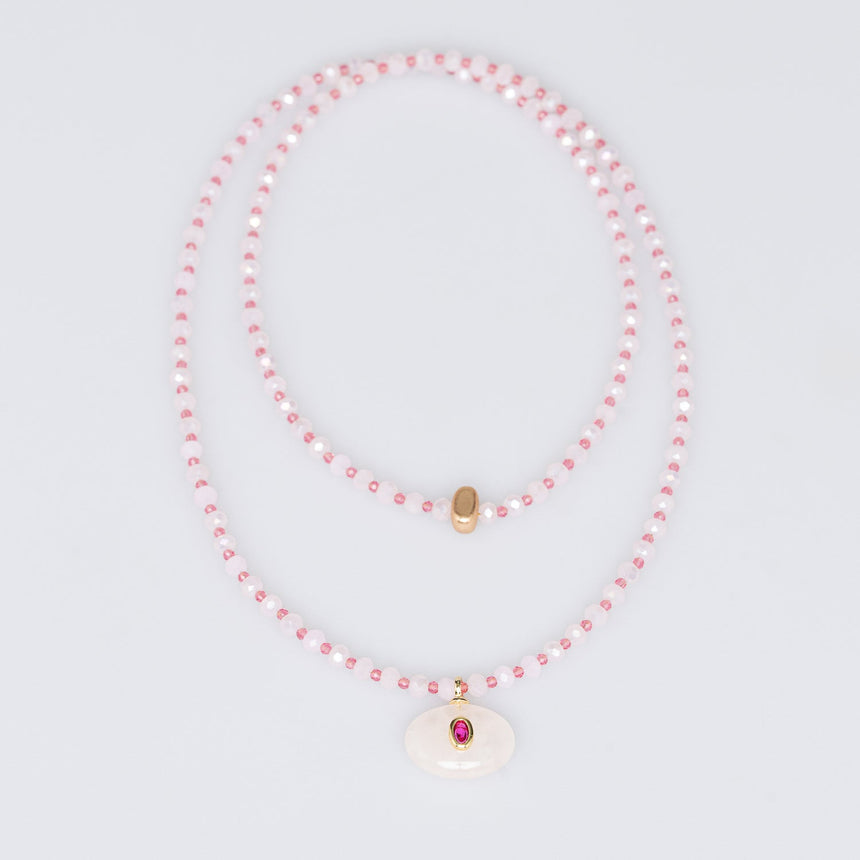 Pink and White Stone Pendant Long Necklace