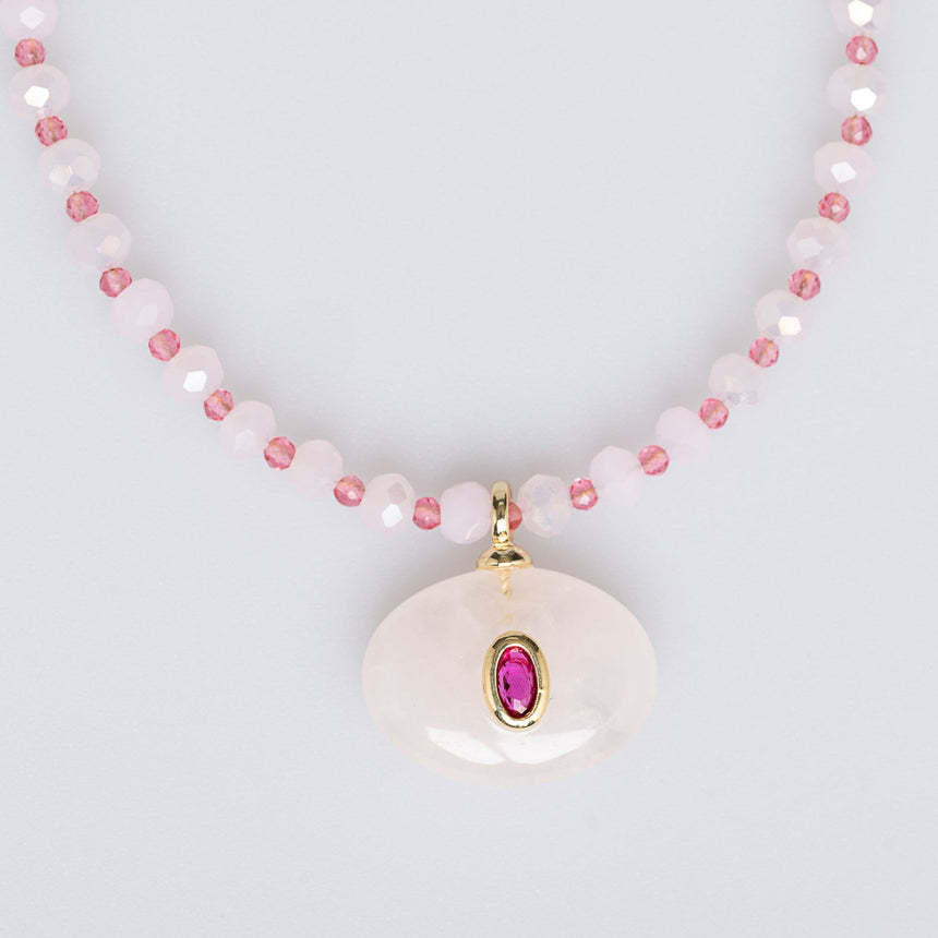 Pink and White Stone Pendant Long Necklace