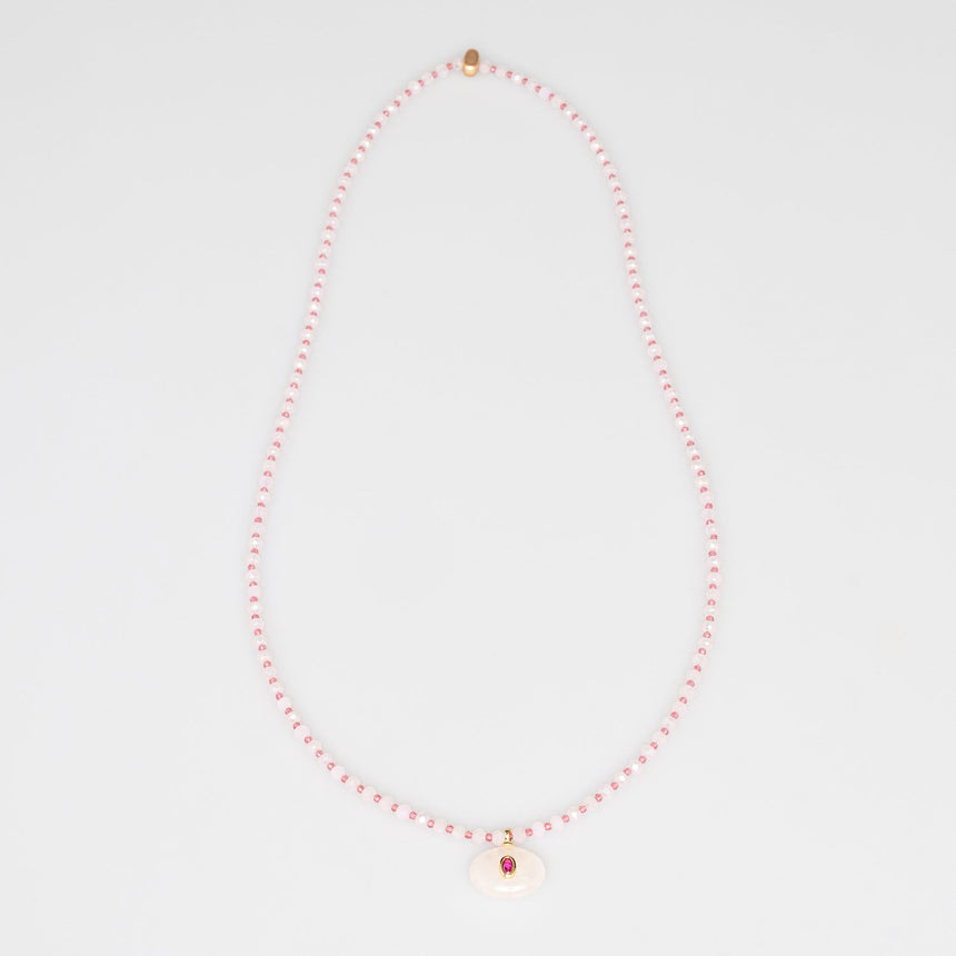 Pink and White Stone Pendant Long Necklace