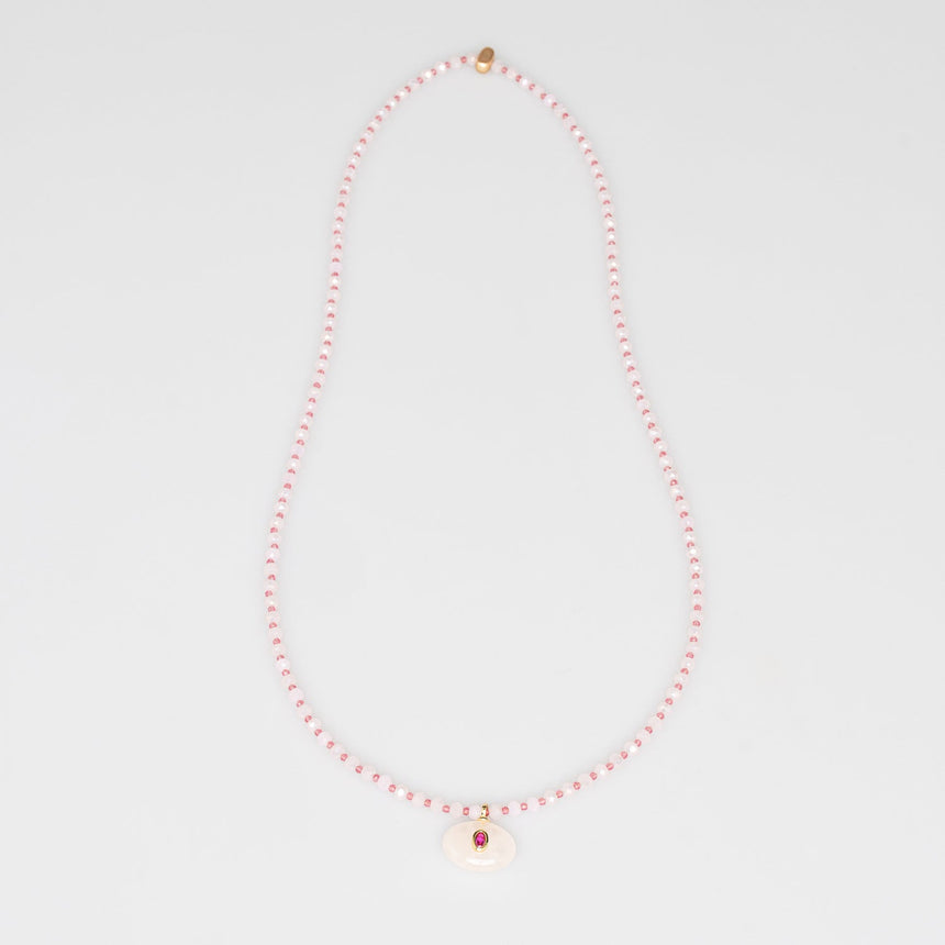 Pink and White Stone Pendant Long Necklace