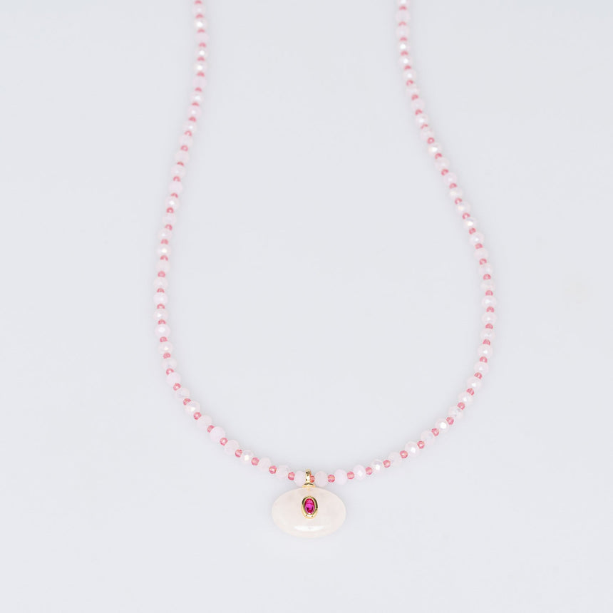 Pink and White Stone Pendant Long Necklace