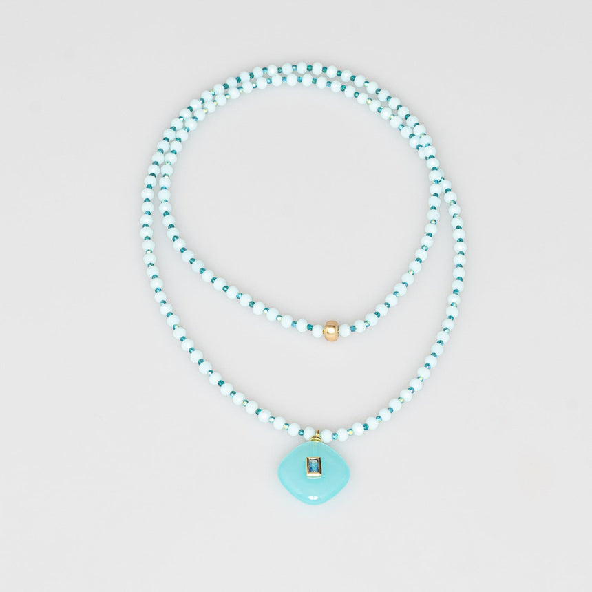 Turquoise and White Stone Pendant Beaded Long Necklace