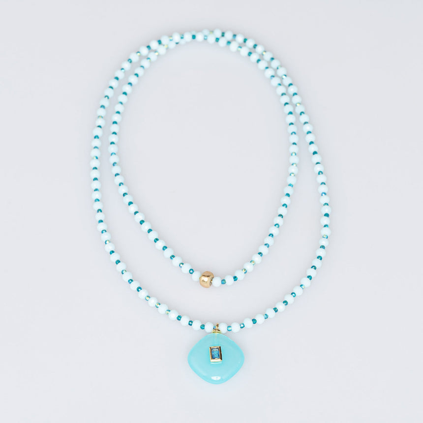Turquoise and White Stone Pendant Beaded Long Necklace