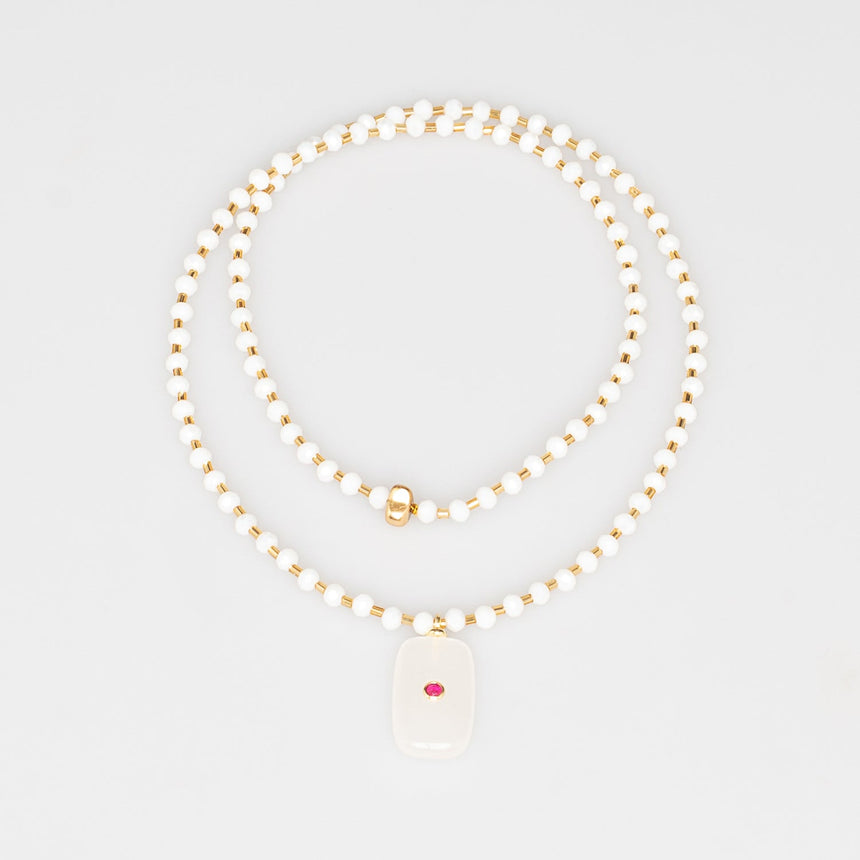 White and Gold Stone Pendant Long Necklace