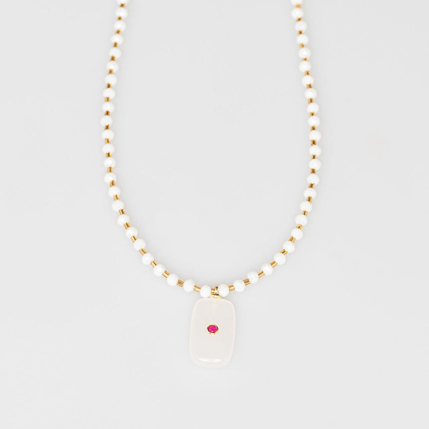 White and Gold Stone Pendant Long Necklace