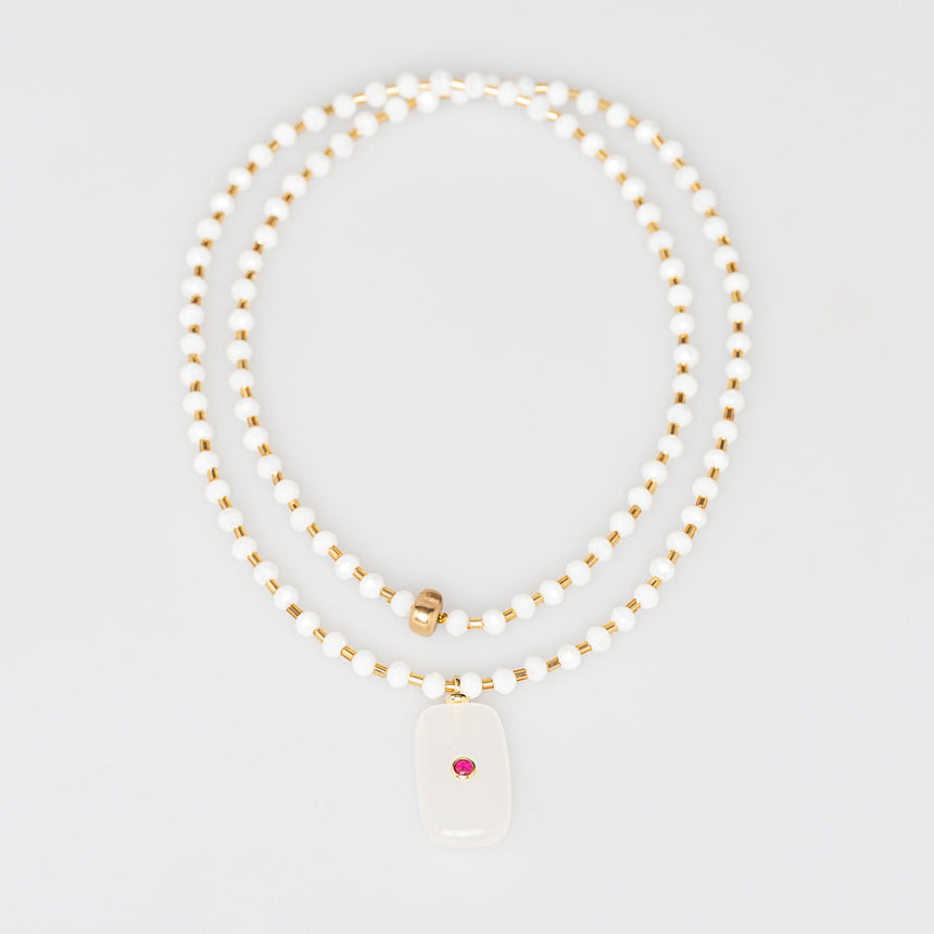 White and Gold Stone Pendant Long Necklace