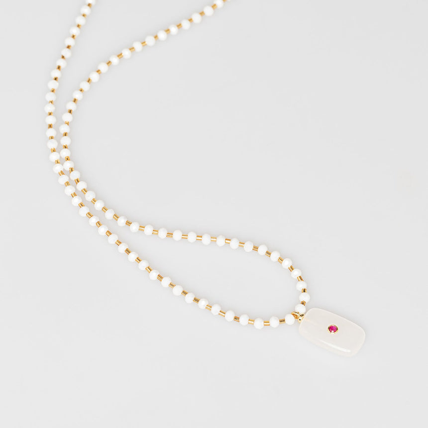 White and Gold Stone Pendant Long Necklace