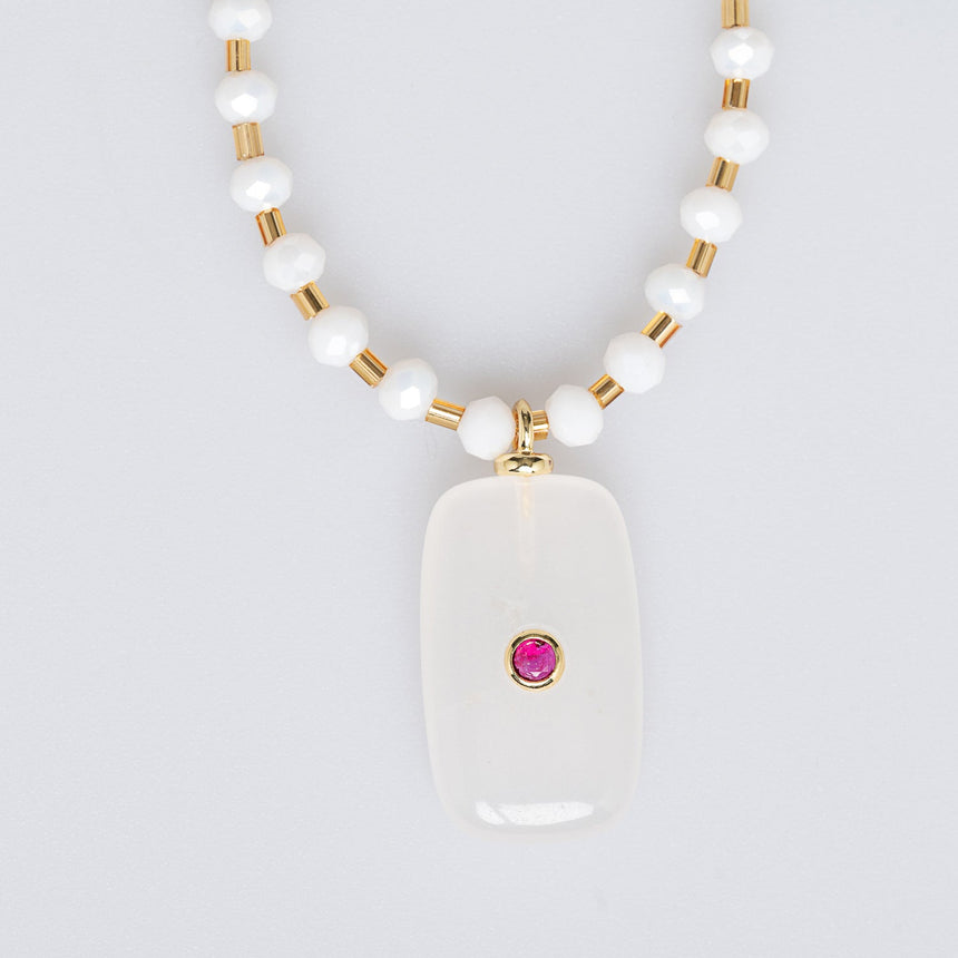 White and Gold Stone Pendant Long Necklace