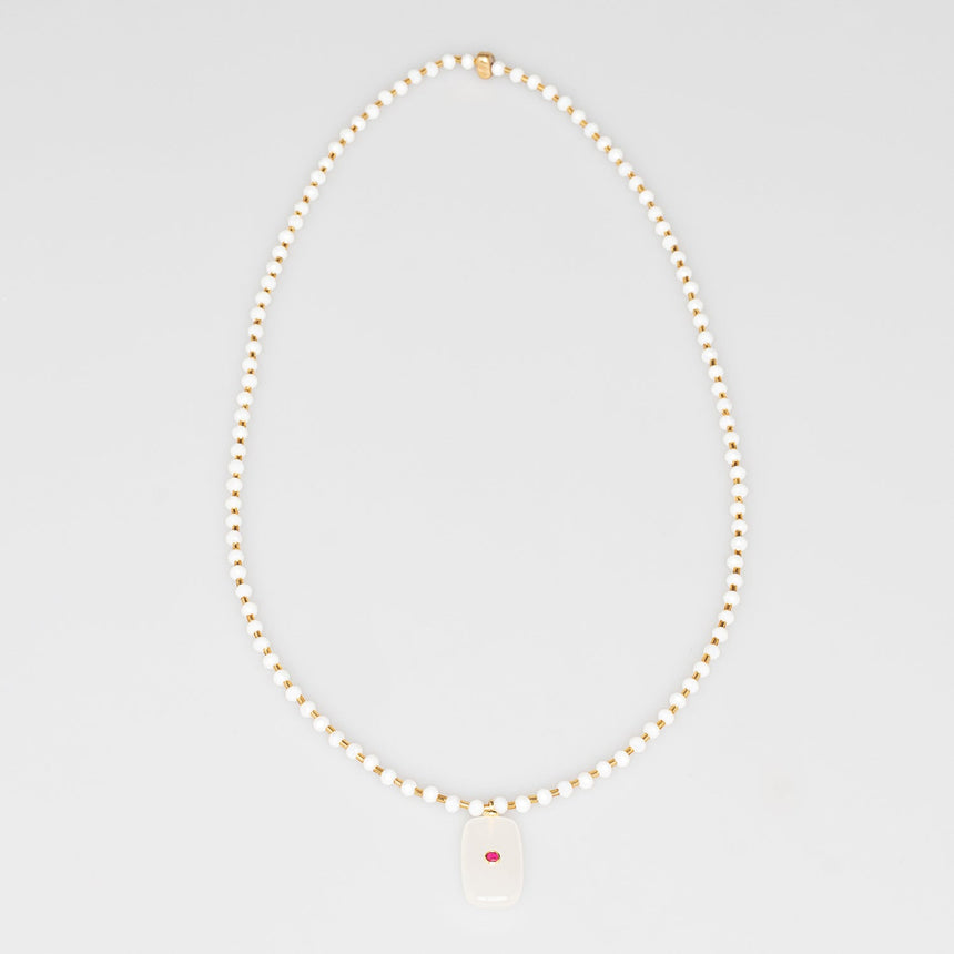 White and Gold Stone Pendant Long Necklace