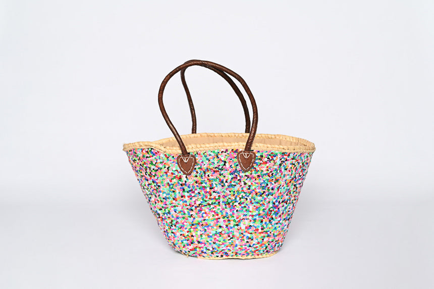 Hand Woven Sequin Beach Baskets - Multicolour with Gold Heart