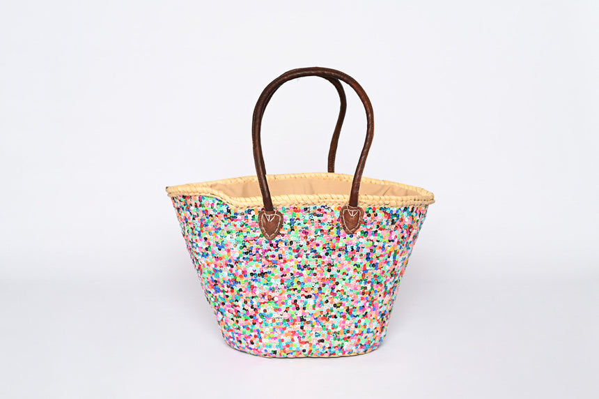 Hand Woven Sequin Beach Baskets - Muilticolour with Pink Star