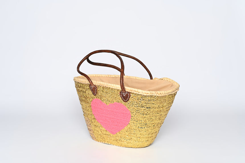 Hand Woven Sequin Beach Baskets - Gold with Pink Heart